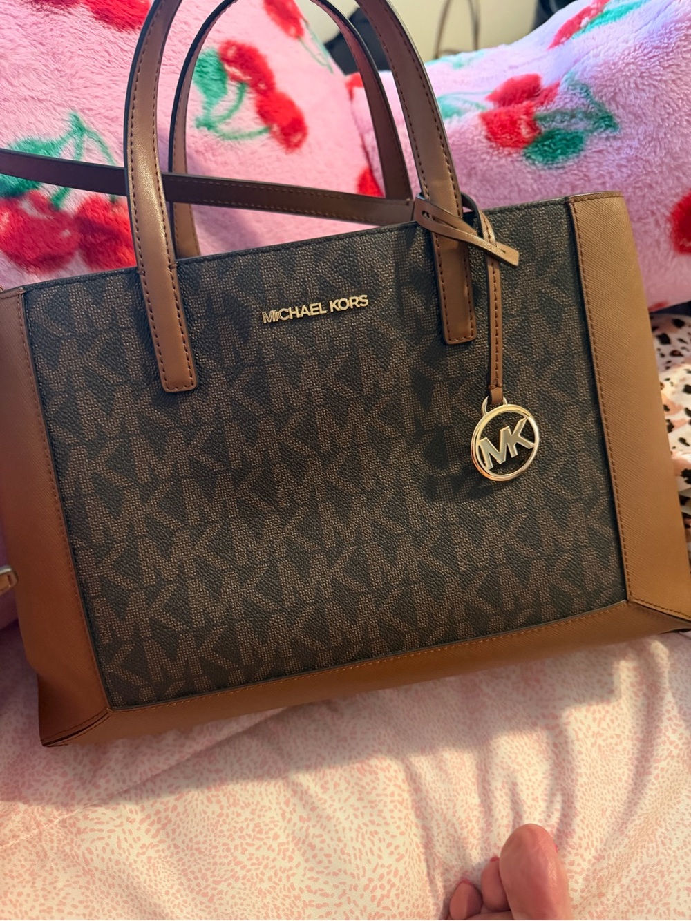Michael Kors Brown MK Logo Satchel with Gold Charm